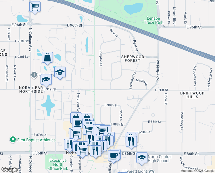 map of restaurants, bars, coffee shops, grocery stores, and more near 1231 East 91st Street in Indianapolis