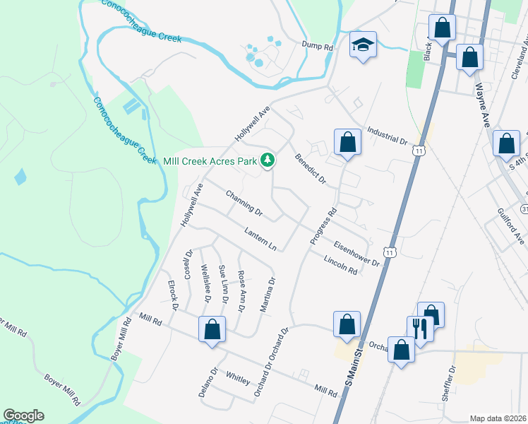 map of restaurants, bars, coffee shops, grocery stores, and more near 324 Channing Drive in Chambersburg