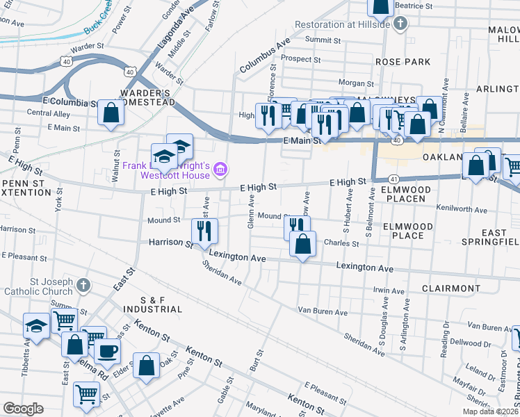 map of restaurants, bars, coffee shops, grocery stores, and more near 1505 Mound Street in Springfield