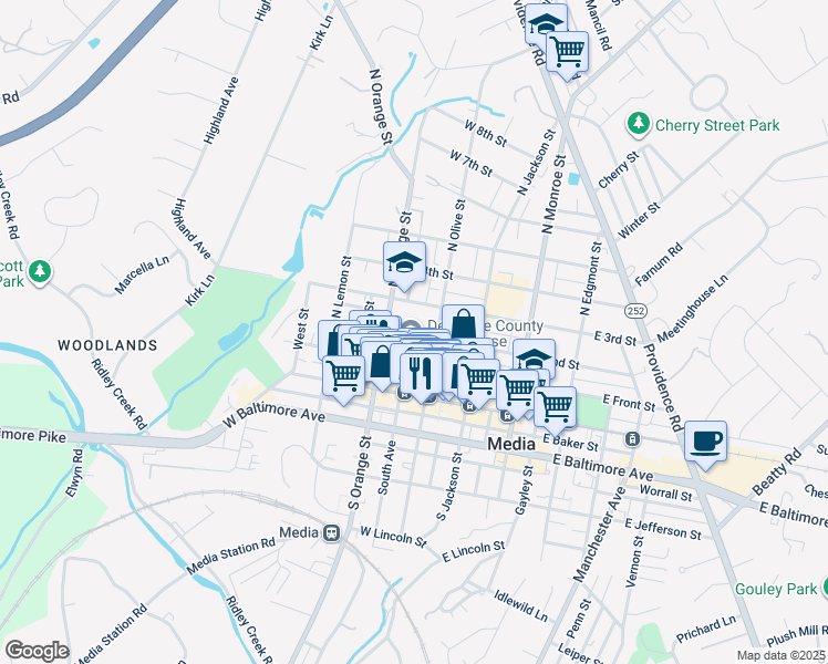 map of restaurants, bars, coffee shops, grocery stores, and more near 201 West Front Street in Media