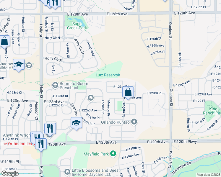 map of restaurants, bars, coffee shops, grocery stores, and more near 6630 Monaco Way in Brighton
