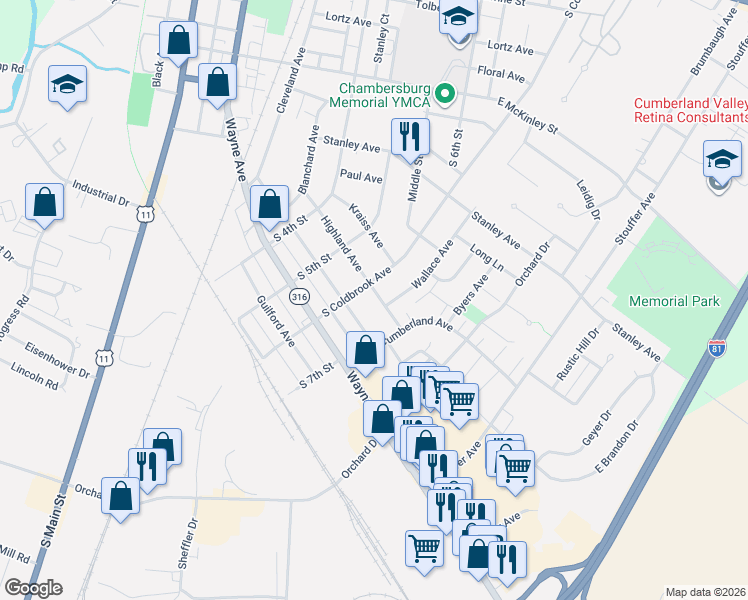 map of restaurants, bars, coffee shops, grocery stores, and more near 700 Highland Avenue in Chambersburg