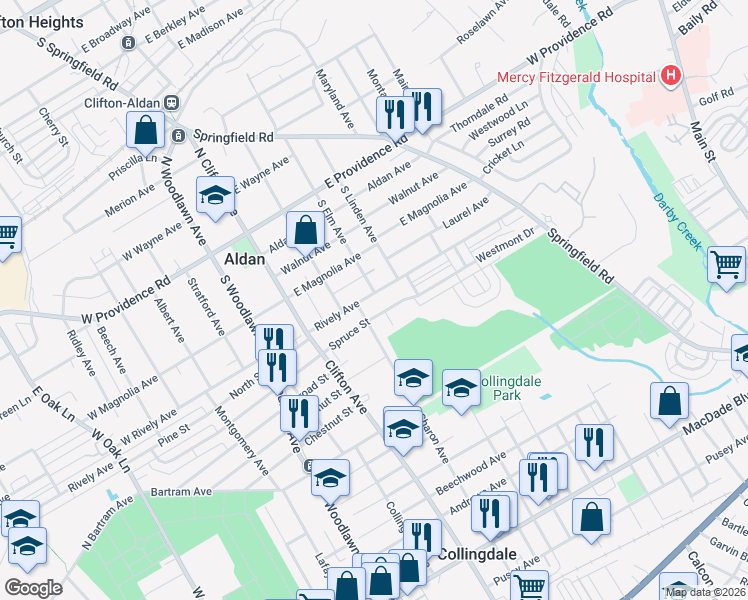 map of restaurants, bars, coffee shops, grocery stores, and more near 701 Spruce Street in Collingdale