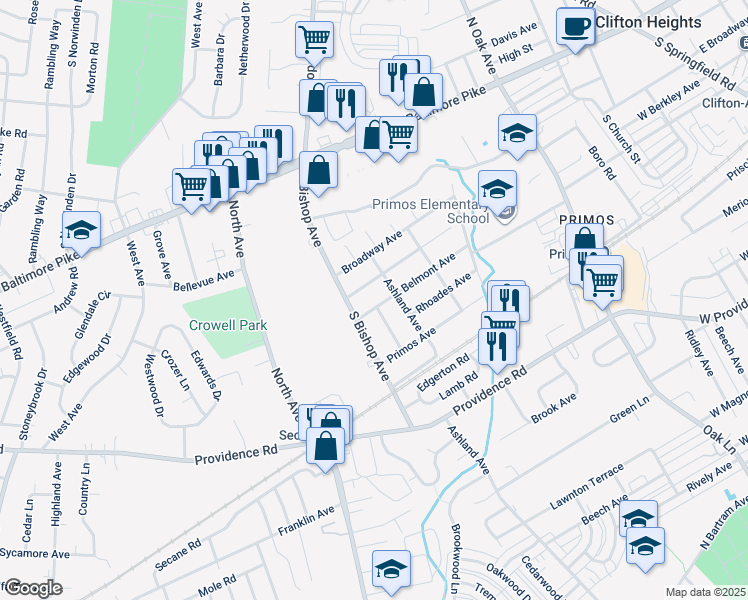 map of restaurants, bars, coffee shops, grocery stores, and more near 1109 Belmont Avenue in Delaware County