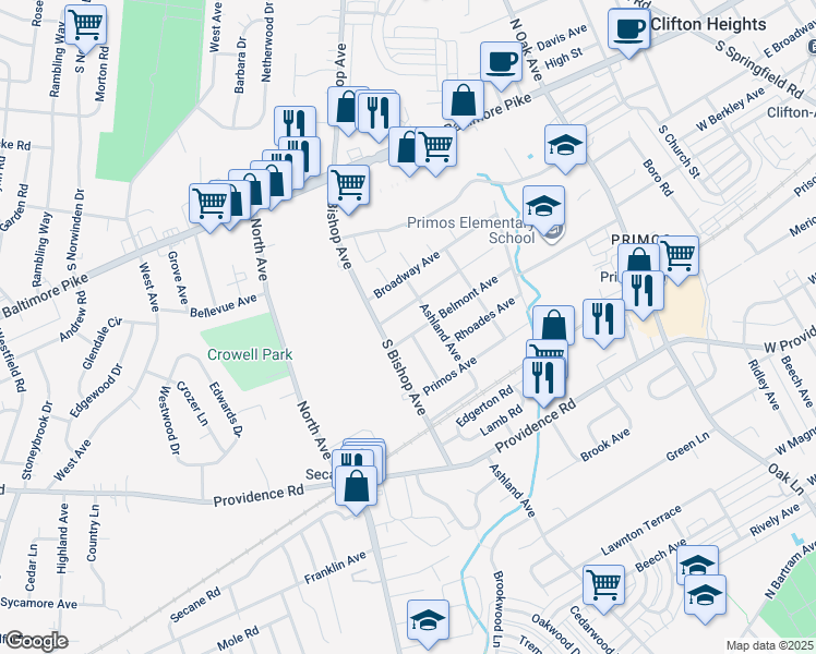 map of restaurants, bars, coffee shops, grocery stores, and more near 1109 Belmont Avenue in Delaware County