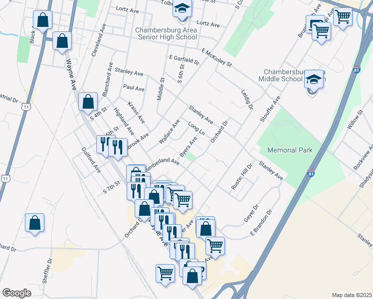 map of restaurants, bars, coffee shops, grocery stores, and more near 1000 Byers Avenue in Chambersburg