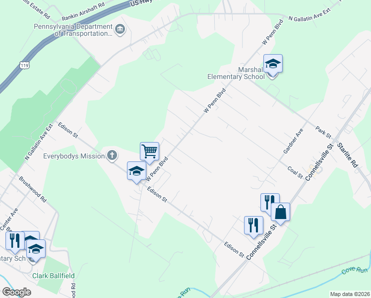 map of restaurants, bars, coffee shops, grocery stores, and more near 224 Republic Street in Uniontown