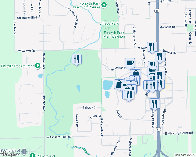 map of restaurants, bars, coffee shops, grocery stores, and more near in Forsyth