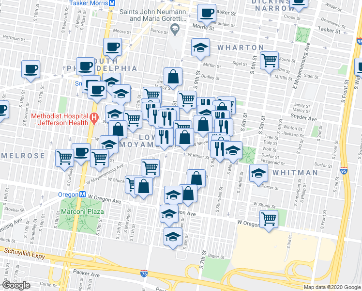 map of restaurants, bars, coffee shops, grocery stores, and more near 2333 South Percy Street in Philadelphia