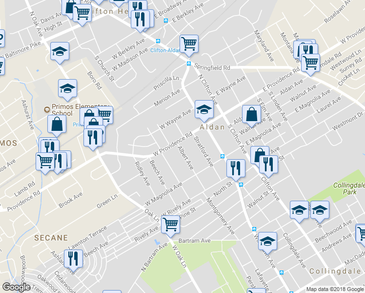 map of restaurants, bars, coffee shops, grocery stores, and more near 15 Albert Avenue in Aldan