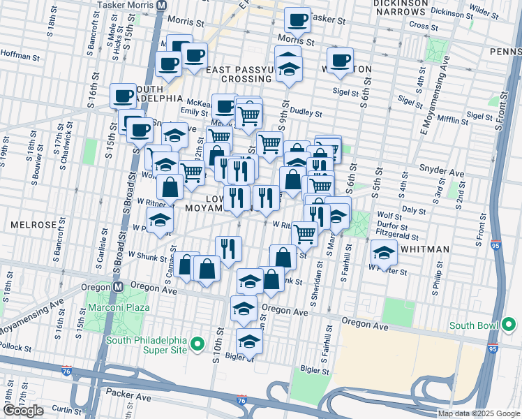 map of restaurants, bars, coffee shops, grocery stores, and more near 2333 South Percy Street in Philadelphia