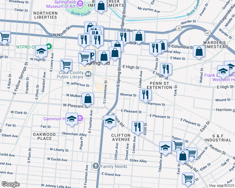 map of restaurants, bars, coffee shops, grocery stores, and more near Monroe Street in Springfield