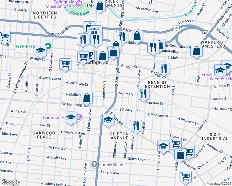 map of restaurants, bars, coffee shops, grocery stores, and more near Monroe Street in Springfield