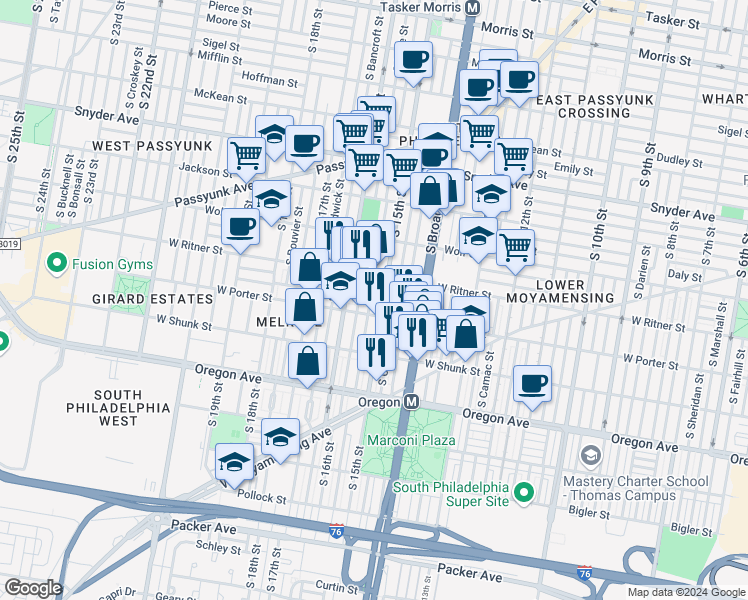 map of restaurants, bars, coffee shops, grocery stores, and more near 2433 South Hicks Street in Philadelphia