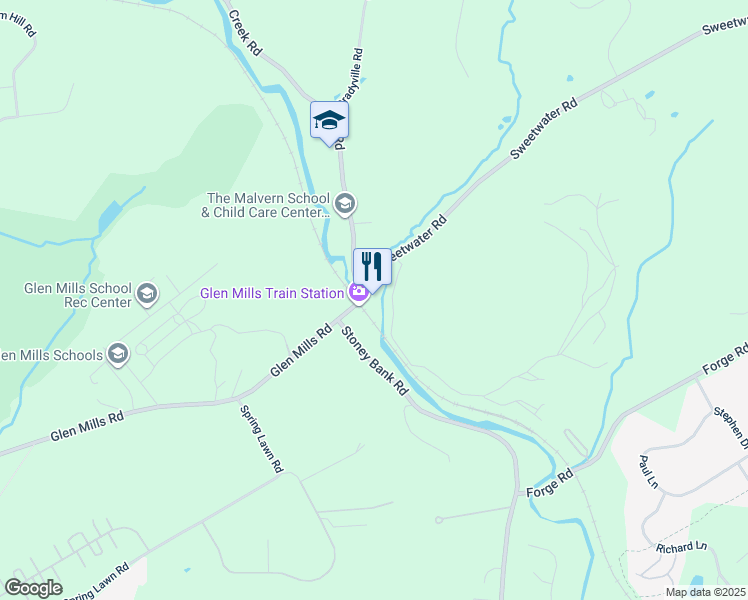 map of restaurants, bars, coffee shops, grocery stores, and more near 128 Glen Mills Road in Glen Mills