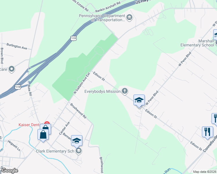 map of restaurants, bars, coffee shops, grocery stores, and more near 135 Edison Street in Uniontown