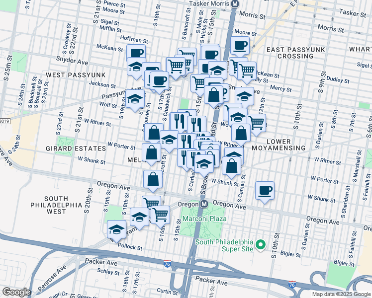map of restaurants, bars, coffee shops, grocery stores, and more near 2433 South Hicks Street in Philadelphia