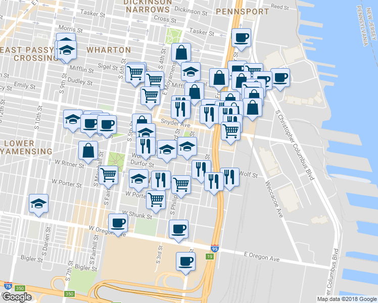 map of restaurants, bars, coffee shops, grocery stores, and more near 2215 South 2nd Street in Philadelphia