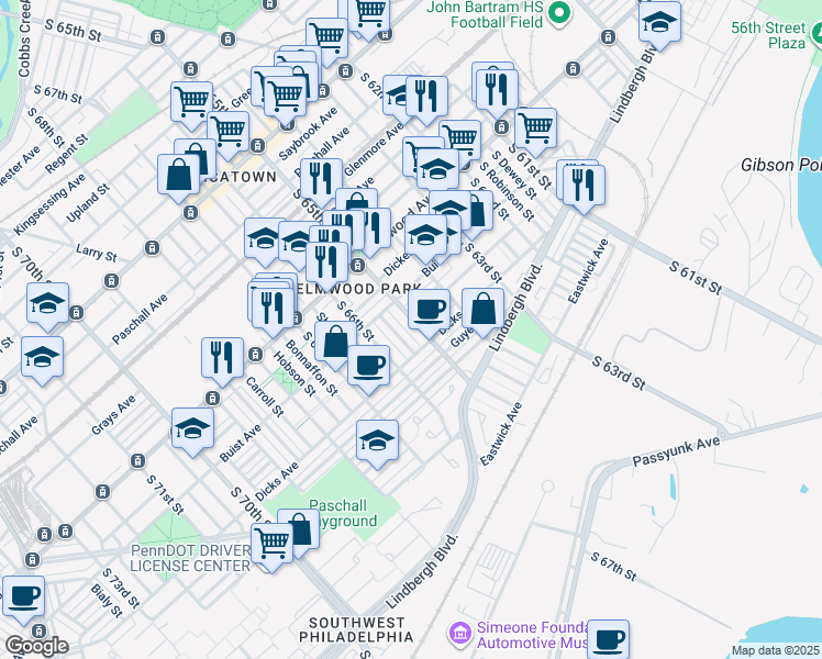 map of restaurants, bars, coffee shops, grocery stores, and more near 2638 South 65th Street in Philadelphia