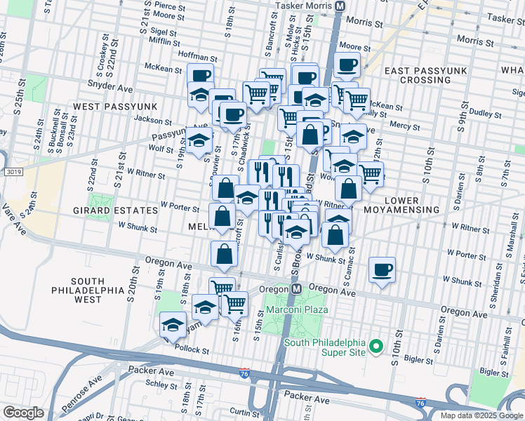 map of restaurants, bars, coffee shops, grocery stores, and more near 2435 South Mole Street in Philadelphia
