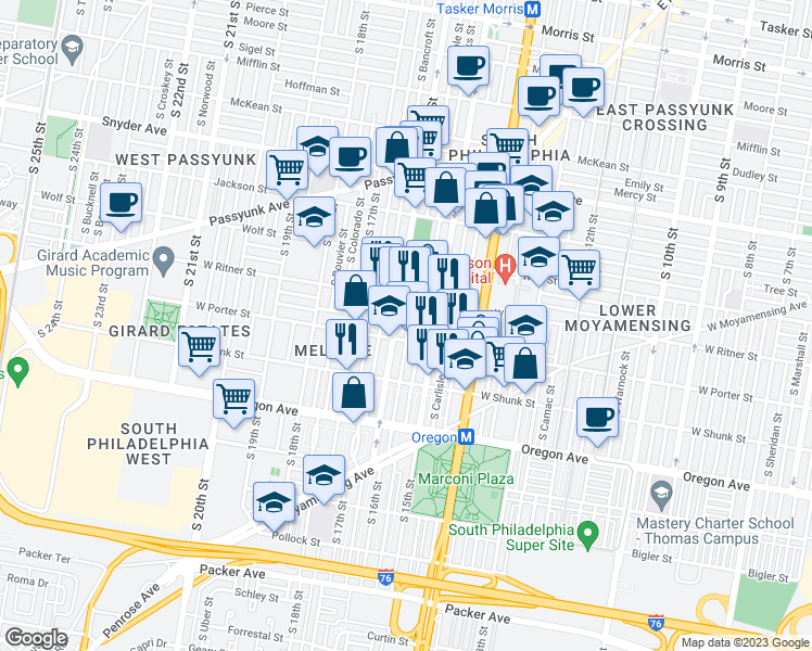 map of restaurants, bars, coffee shops, grocery stores, and more near 2436 South Mole Street in Philadelphia