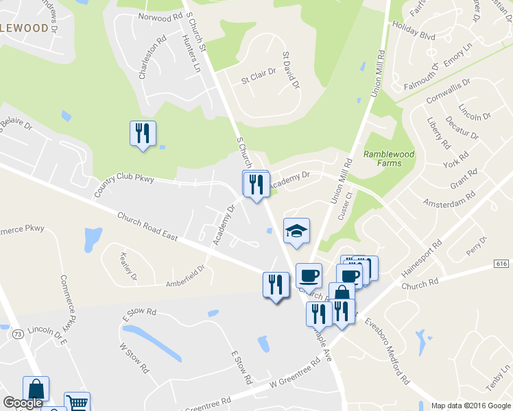map of restaurants, bars, coffee shops, grocery stores, and more near 1200 S Church St in Mt Laurel