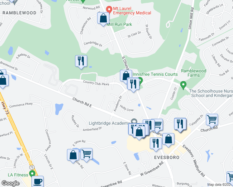 map of restaurants, bars, coffee shops, grocery stores, and more near 302B Kelly Cove in Mount Laurel Township