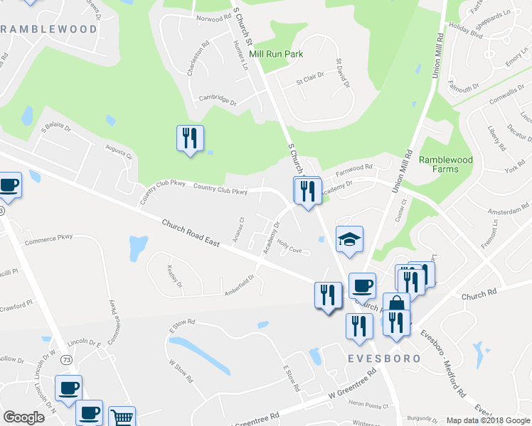map of restaurants, bars, coffee shops, grocery stores, and more near 102B Mulberry Cove in Mount Laurel Township