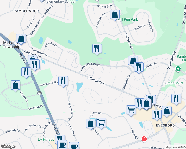 map of restaurants, bars, coffee shops, grocery stores, and more near 4431 Church Road in Mount Laurel Township