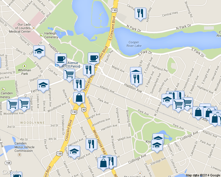 map of restaurants, bars, coffee shops, grocery stores, and more near 101 West Browning Road in Collingswood