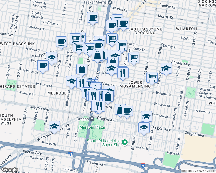 map of restaurants, bars, coffee shops, grocery stores, and more near 2445 South Juniper Street in Philadelphia