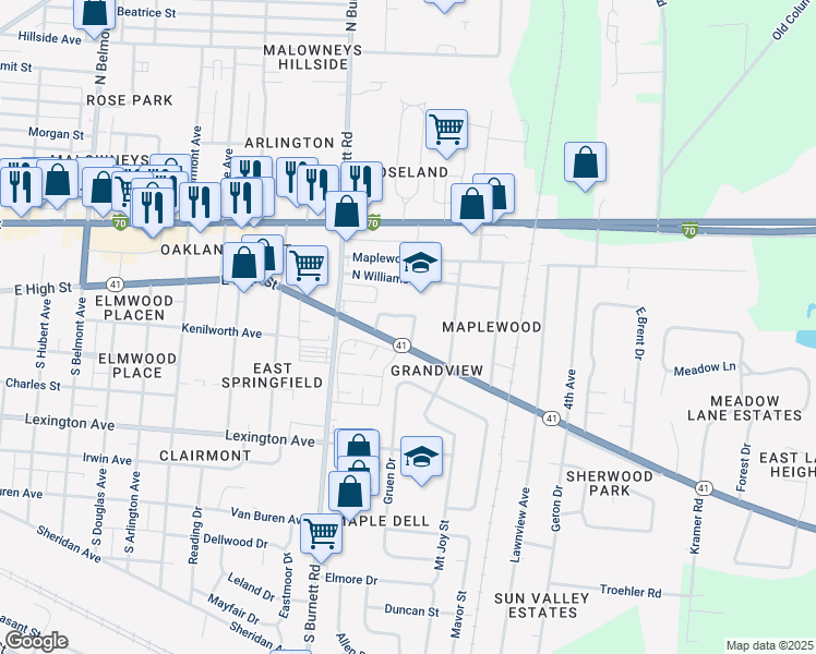 map of restaurants, bars, coffee shops, grocery stores, and more near 2675 East High Street in Springfield