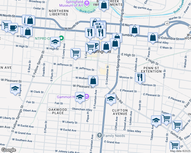 map of restaurants, bars, coffee shops, grocery stores, and more near 409 South Fountain Avenue in Springfield