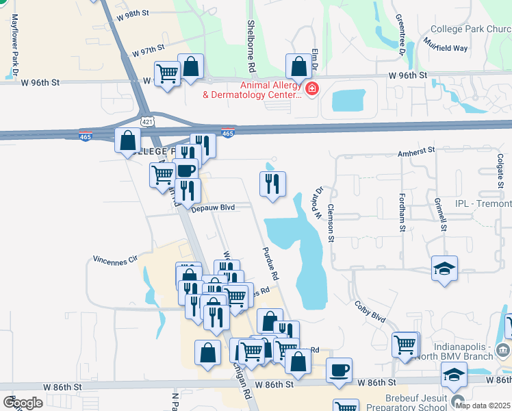 map of restaurants, bars, coffee shops, grocery stores, and more near in Indianapolis