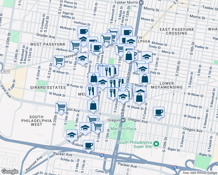 map of restaurants, bars, coffee shops, grocery stores, and more near 2435 South Mole Street in Philadelphia