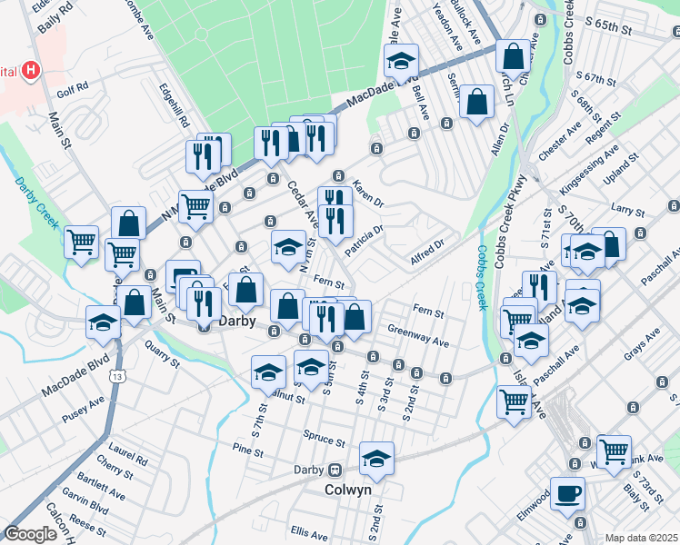 map of restaurants, bars, coffee shops, grocery stores, and more near 516 Cedar Avenue in Darby
