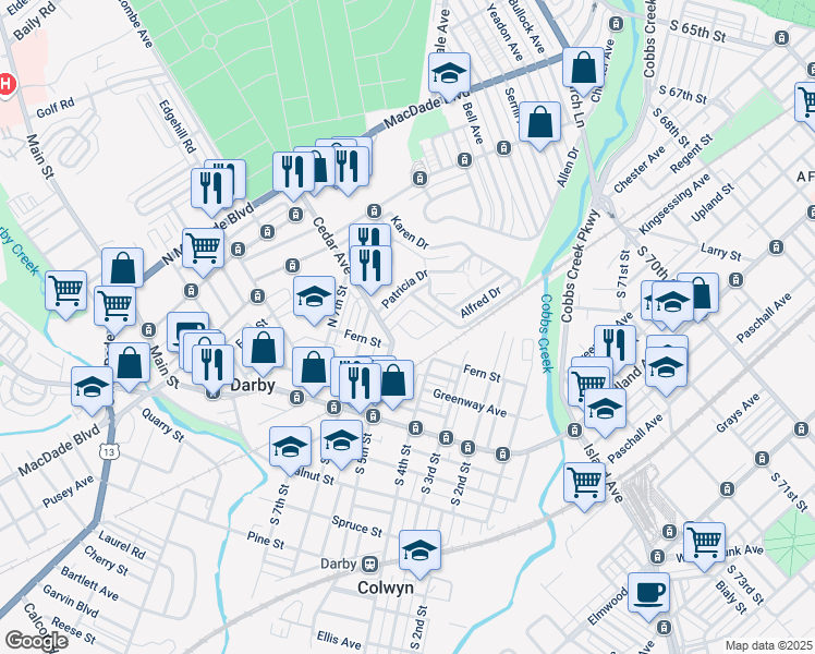map of restaurants, bars, coffee shops, grocery stores, and more near 213 Glen Cove Road in Darby