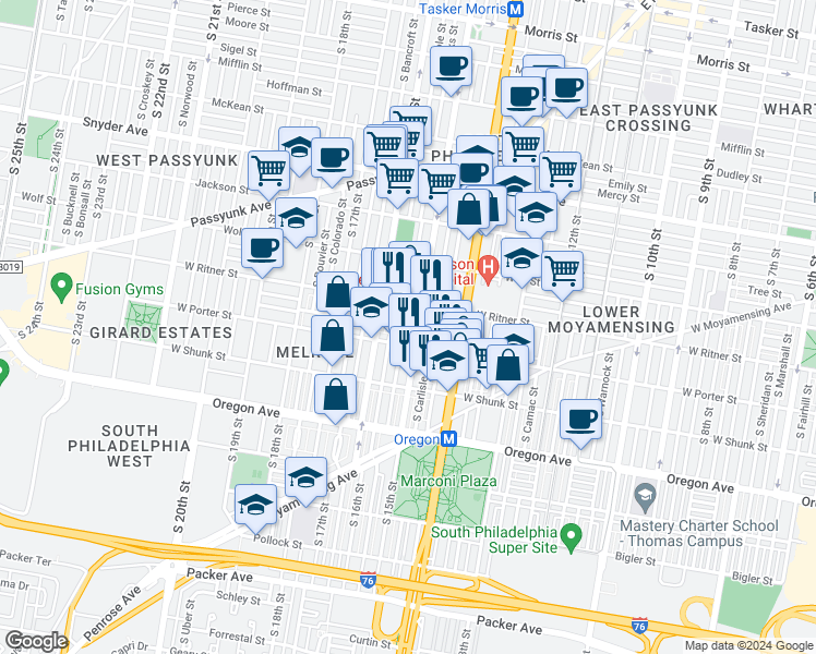 map of restaurants, bars, coffee shops, grocery stores, and more near 2431 South Hicks Street in Philadelphia