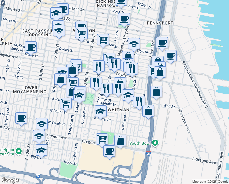 map of restaurants, bars, coffee shops, grocery stores, and more near 335 Daly Street in Philadelphia