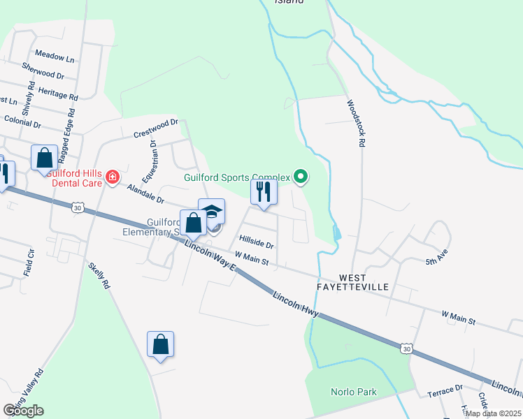 map of restaurants, bars, coffee shops, grocery stores, and more near 43 Sunny Lane in Chambersburg
