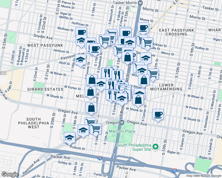 map of restaurants, bars, coffee shops, grocery stores, and more near 2431 South Hicks Street in Philadelphia