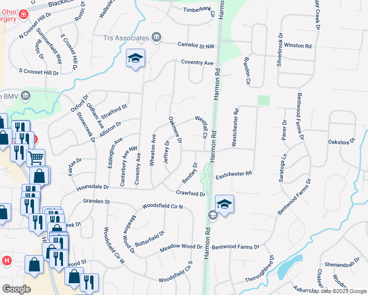 map of restaurants, bars, coffee shops, grocery stores, and more near 12685 Bentley Drive in Pickerington
