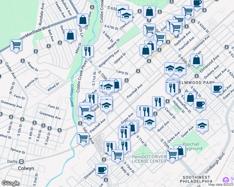 map of restaurants, bars, coffee shops, grocery stores, and more near 7030 Saybrook Avenue in Philadelphia
