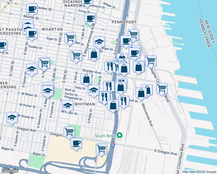 map of restaurants, bars, coffee shops, grocery stores, and more near 100 Jackson Street in Philadelphia