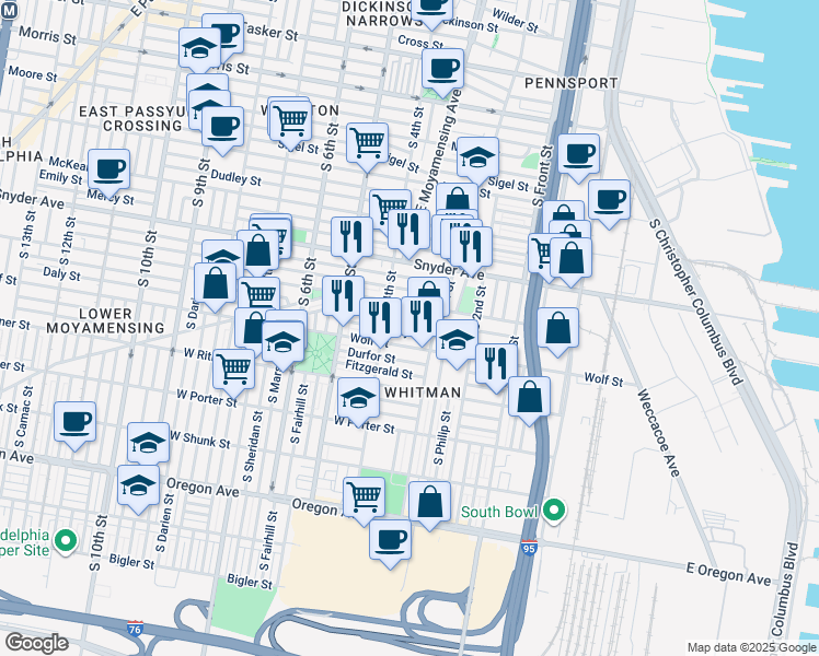 map of restaurants, bars, coffee shops, grocery stores, and more near 335 Daly Street in Philadelphia