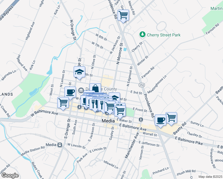 map of restaurants, bars, coffee shops, grocery stores, and more near 205 North Monroe Street in Media