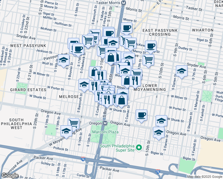 map of restaurants, bars, coffee shops, grocery stores, and more near 2407 South Broad Street in Philadelphia