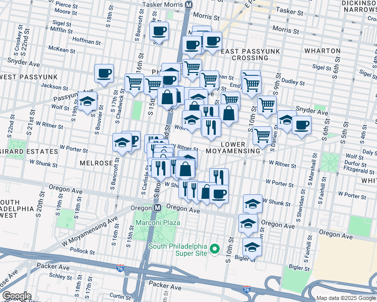 map of restaurants, bars, coffee shops, grocery stores, and more near 1300 West Ritner Street in Philadelphia