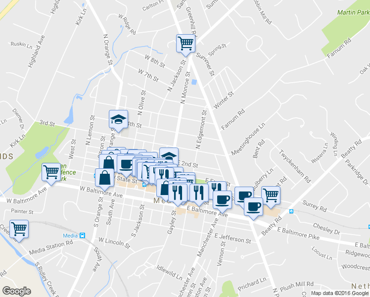 map of restaurants, bars, coffee shops, grocery stores, and more near 123 East 3rd Street in Media