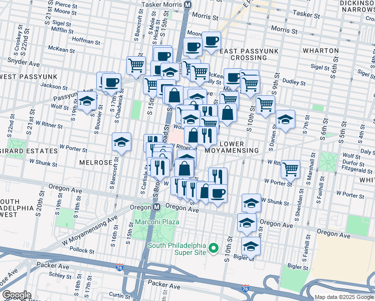 map of restaurants, bars, coffee shops, grocery stores, and more near 1300 West Ritner Street in Philadelphia